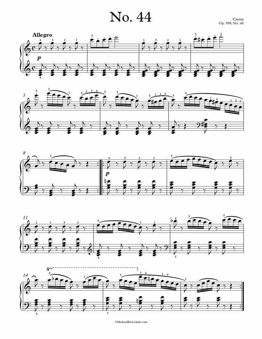 Free Piano Sheet Music – Op. 599, No. 44 – Czerny