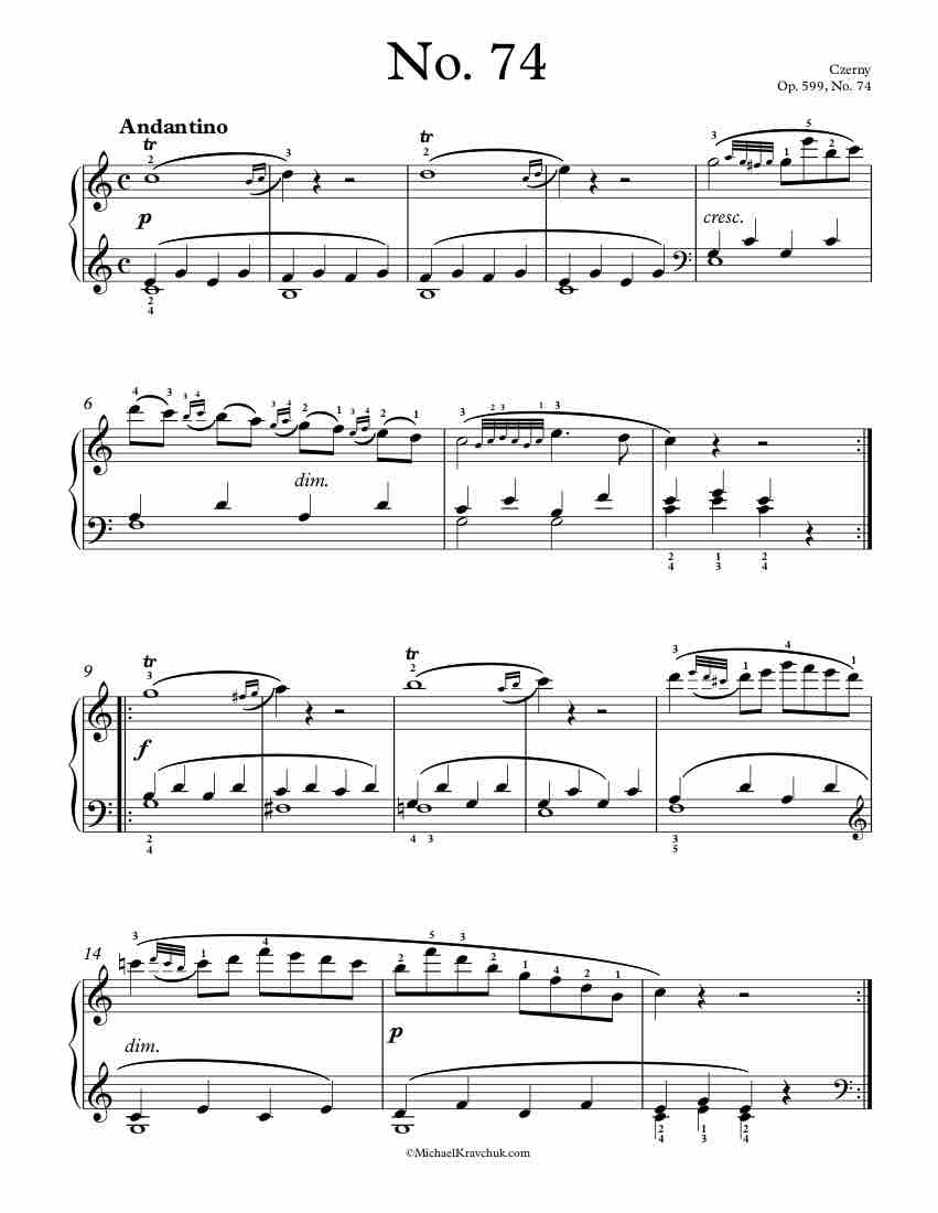 Free Piano Sheet Music – Op. 599, No. 74 – Czerny