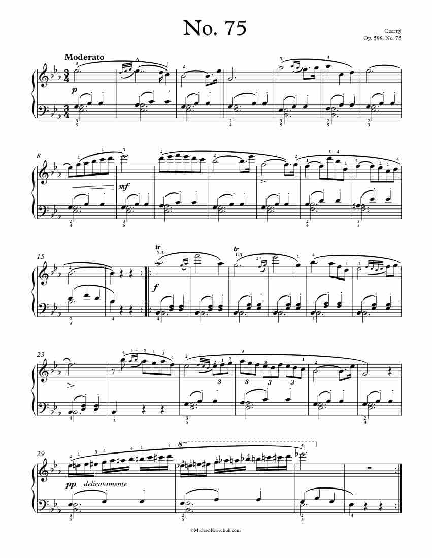 Free Piano Sheet Music – Op. 599, No. 75 – Czerny