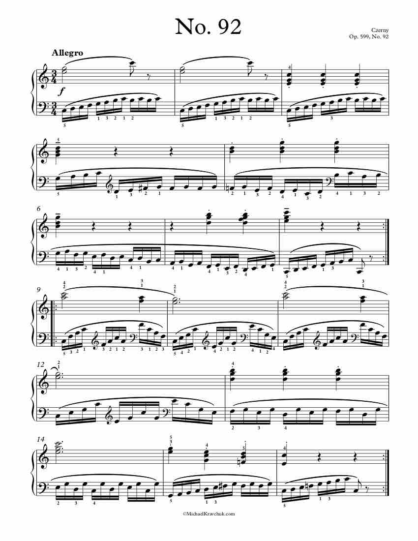 Free Piano Sheet Music – Op. 599, No. 92 – Czerny