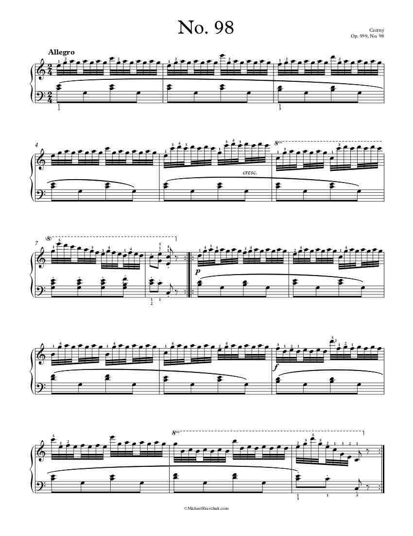 Free Piano Sheet Music – Op. 599, No. 98 – Czerny