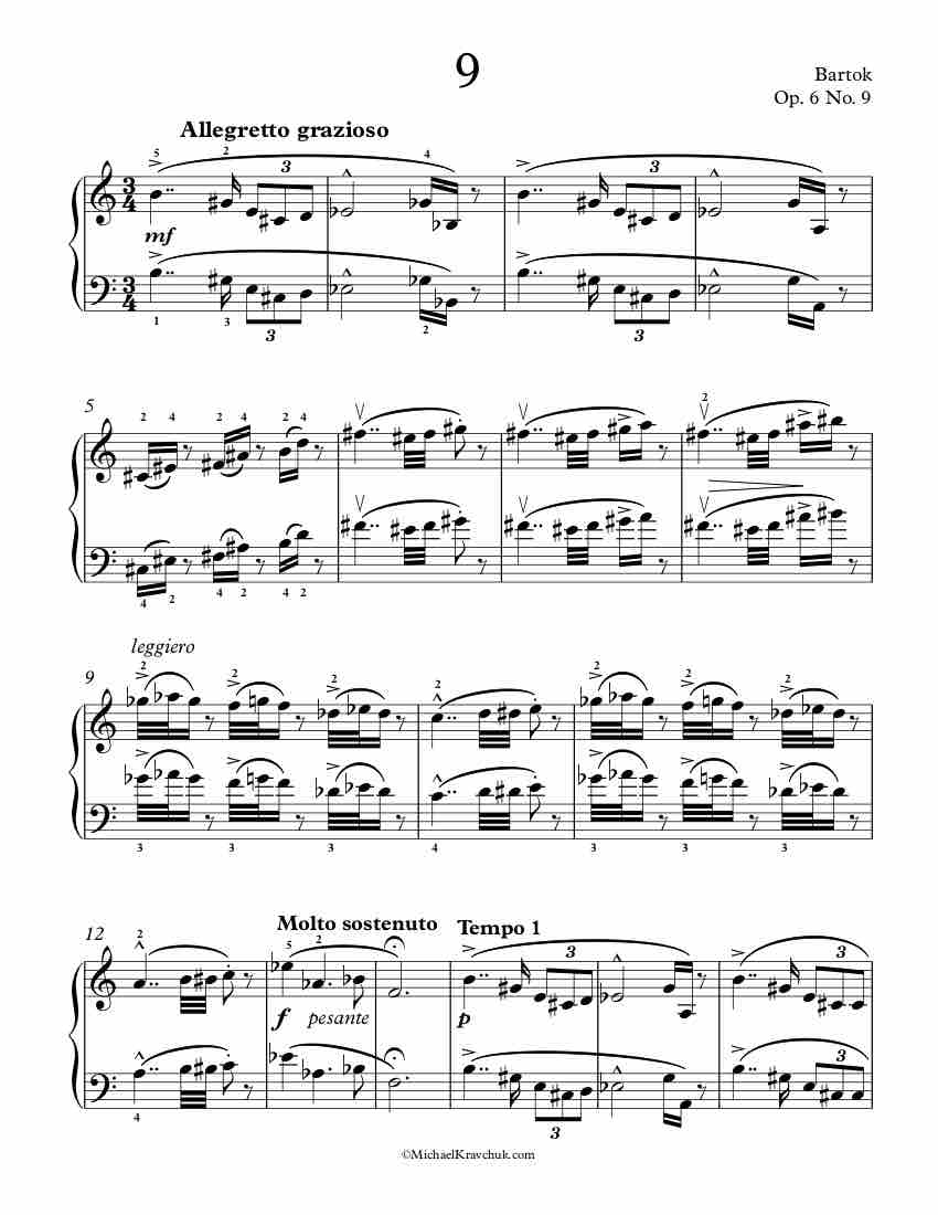 Free Piano Sheet Music – 14 Bagatelles Op. 6, No. 9 – Bartok