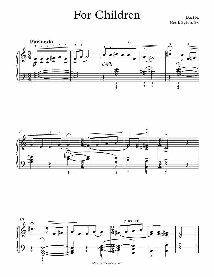 Free Piano Sheet Music – Children Book 2, No. 28 – Bartok
