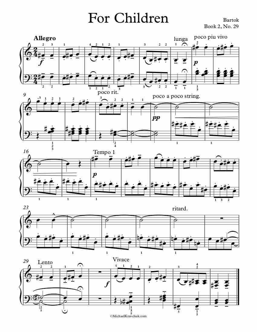 Free Piano Sheet Music – Children Book 2, No. 29 – Bartok