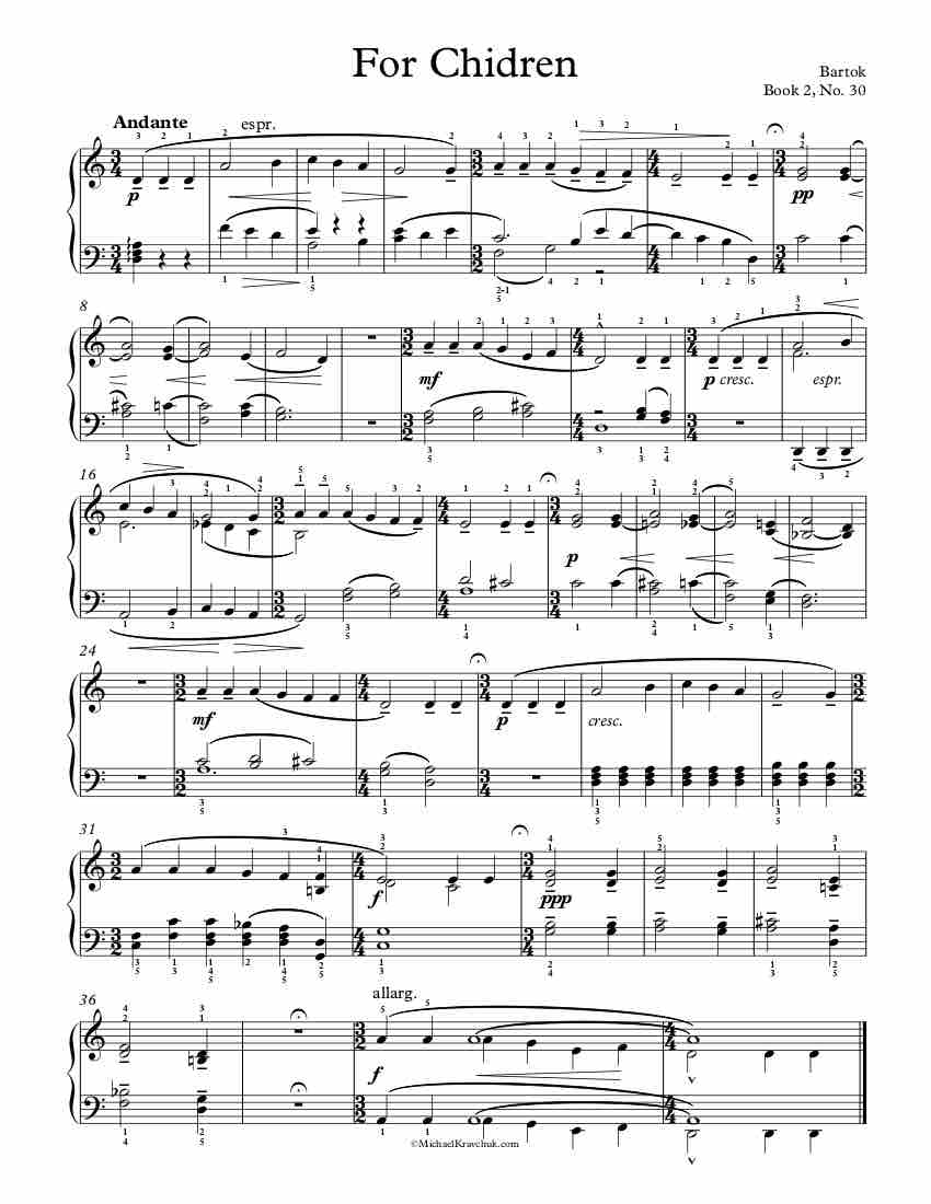 Free Piano Sheet Music – Children Book 2, No. 30 – Bartok