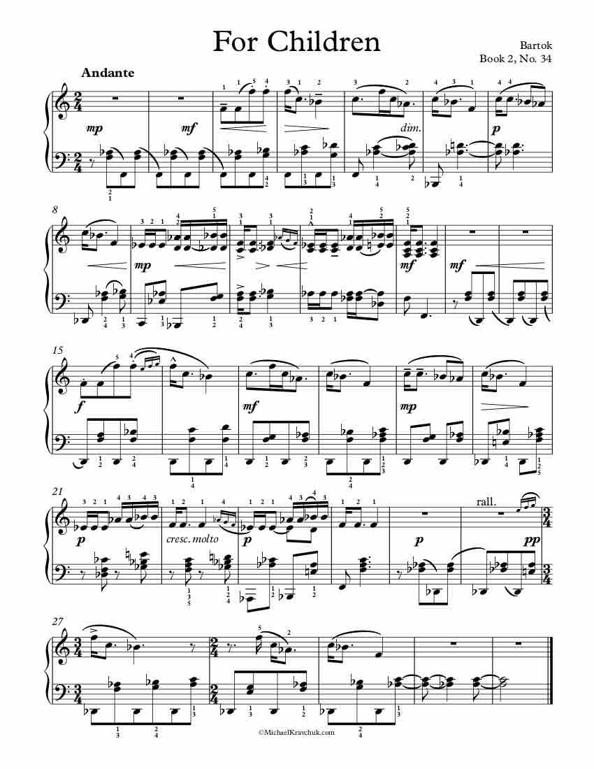 Free Piano Sheet Music – Children Book 2, No. 34 – Bartok