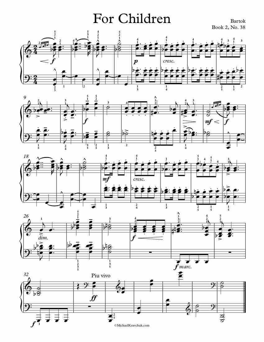 Free Piano Sheet Music – Children Book 2, No. 38 – Bartok