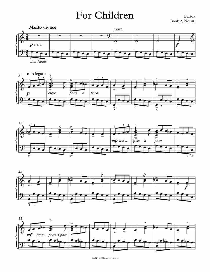 Free Piano Sheet Music – Children Book 2, No. 40 – Bartok