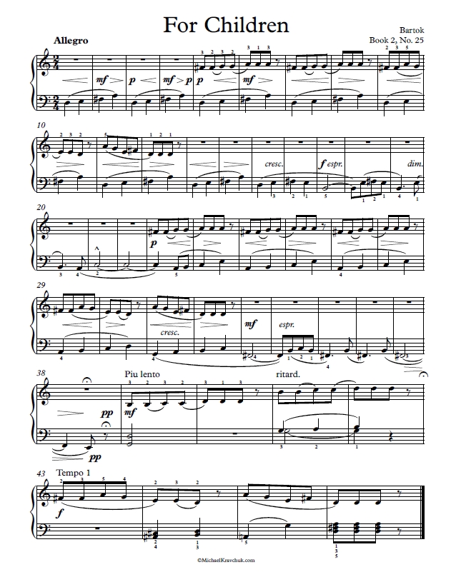 Free Piano Sheet Music – Children Book 2, No. 25 – Bartok