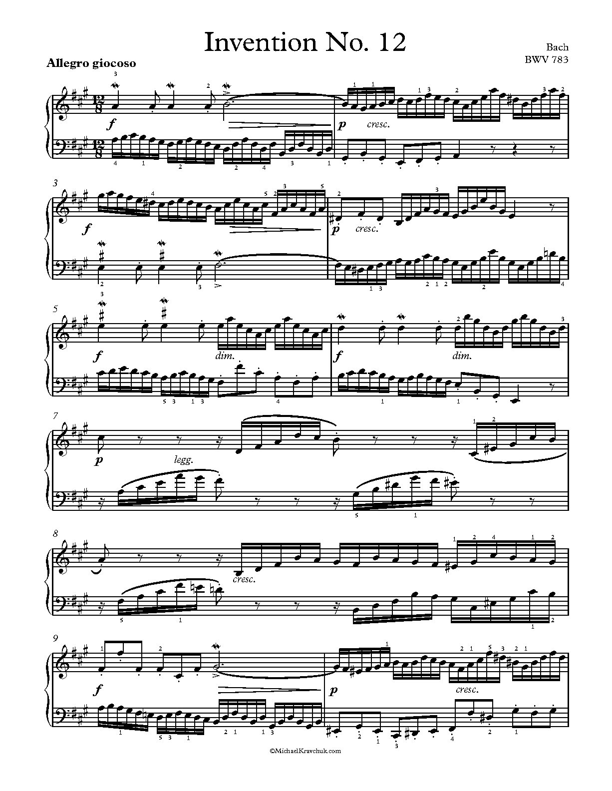 Free Piano Sheet Music – Invention No. 12 BWV 783 - Bach