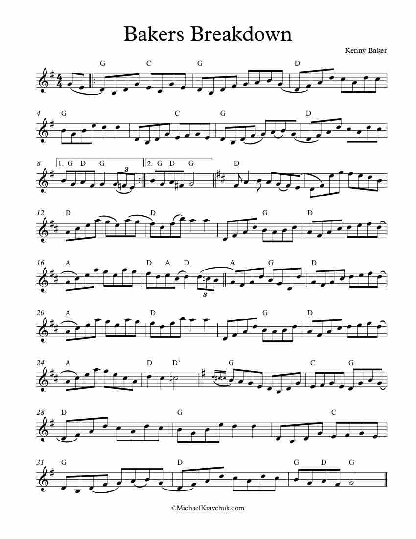 Free violin sheet music – Bakers Breakdown – fiddle