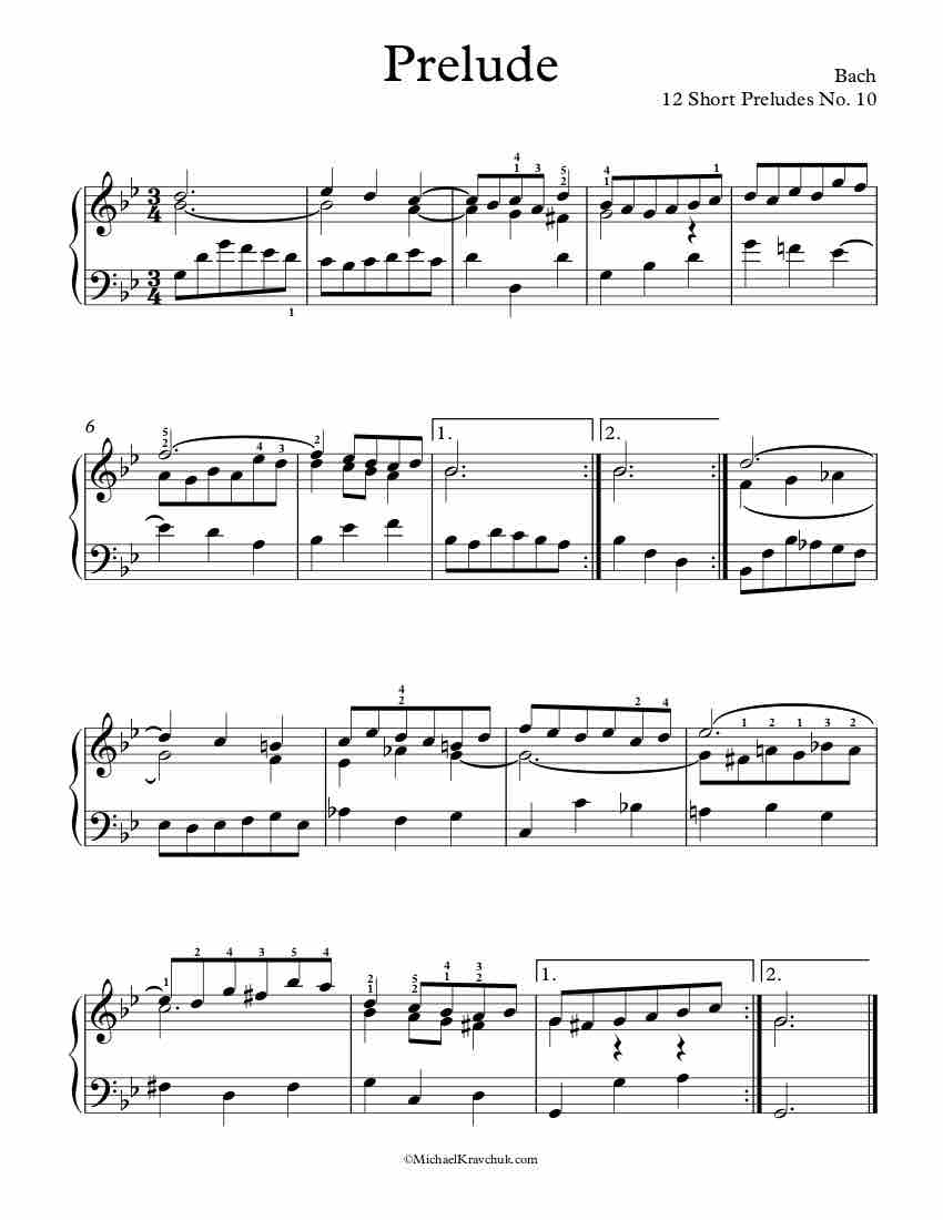 Free Piano Sheet Music - 12 Short Preludes No. 10 - Bach