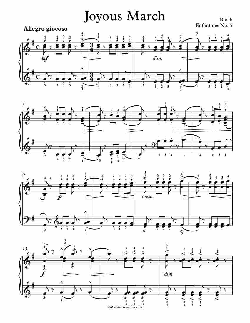 Free Piano Sheet Music – Enfantines No. 5 - Joyous March - Bloch