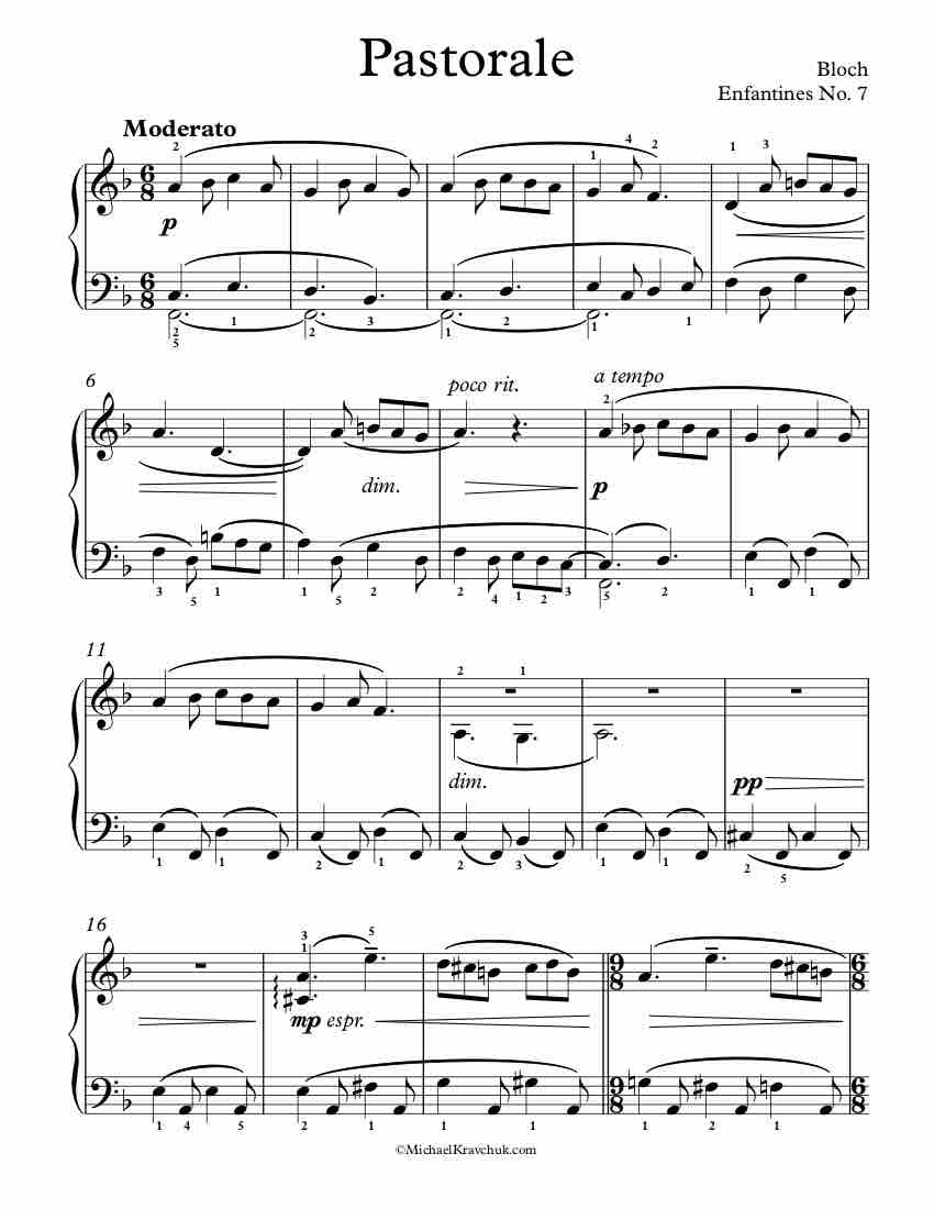 Free Piano Sheet Music – Enfantines No. 7 - Pastorale - Bloch