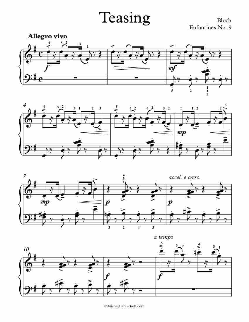 Free Piano Sheet Music – Enfantines No. 9 - Teasing - Bloch