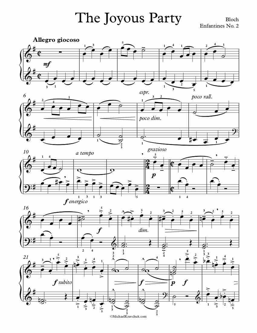 Free Piano Sheet Music – Enfantines No. 2 - The Joyous Party - Bloch