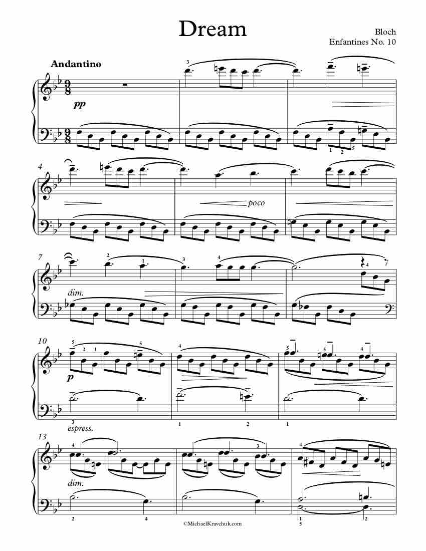 Free Piano Sheet Music – Enfantines No. 10 - Dream - Bloch