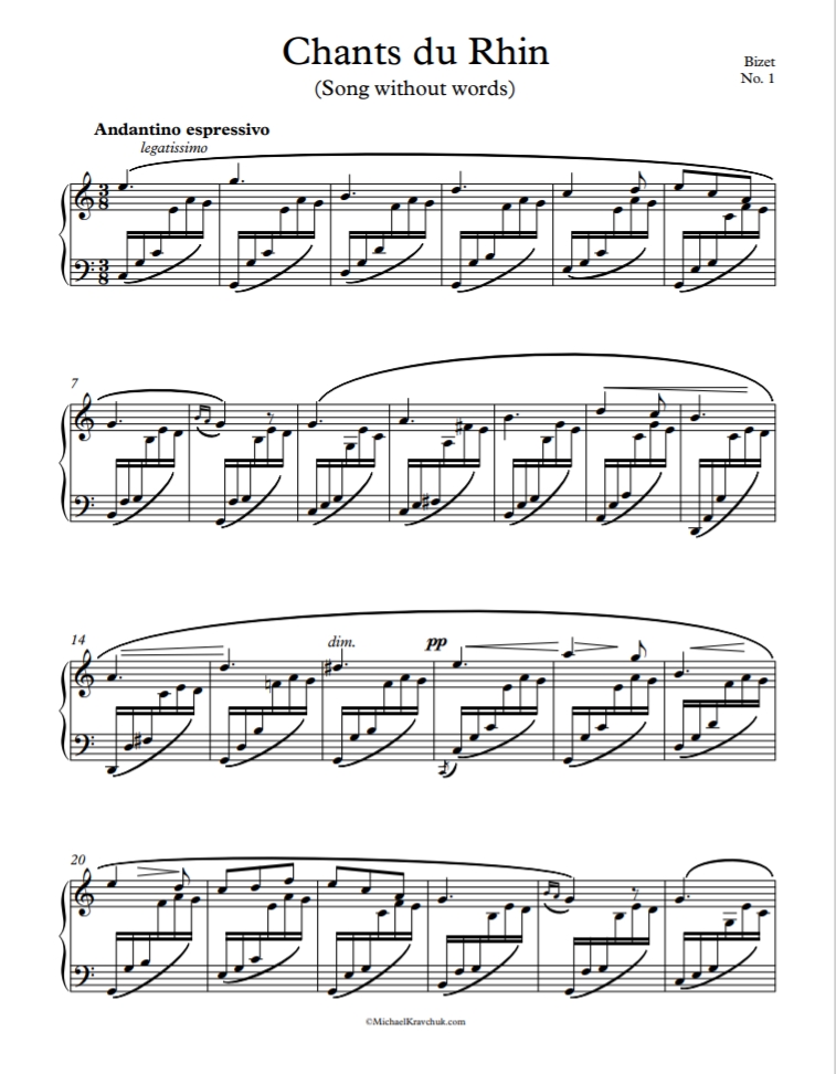 Free Piano Sheet Music – Chants du Rhin - No. 1 - Bizet