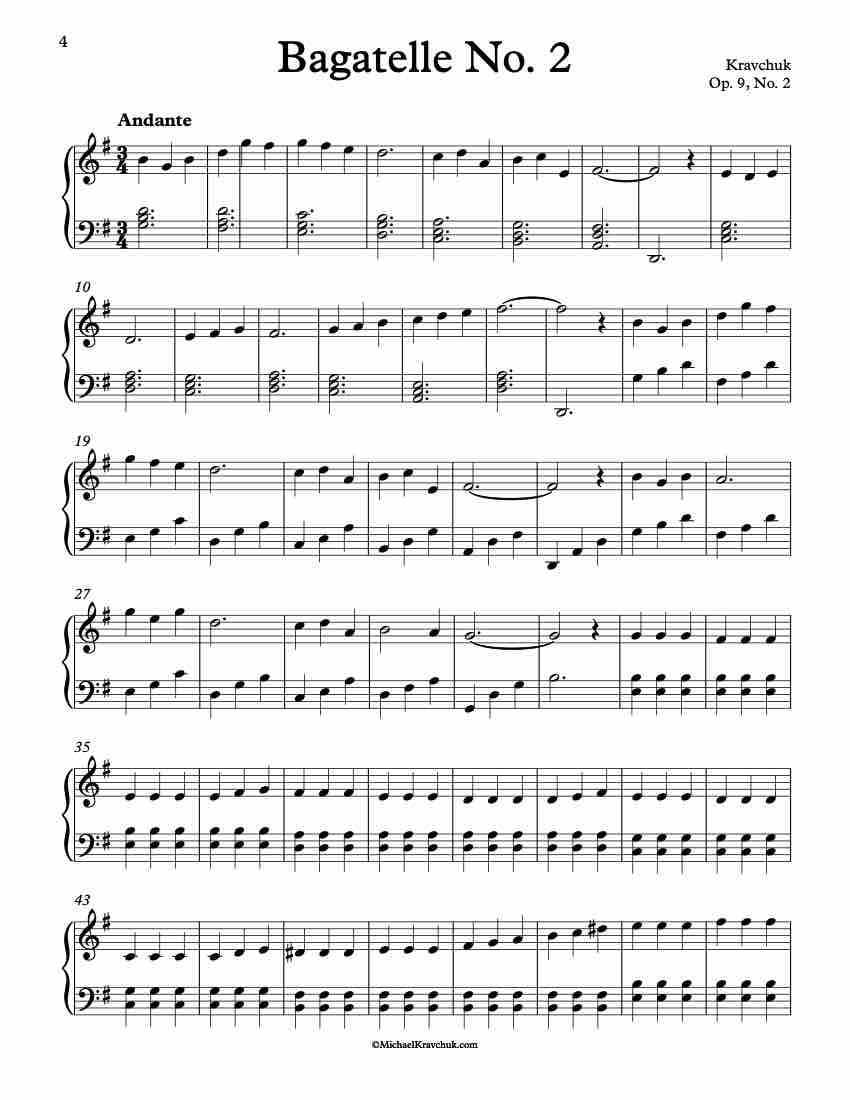 Free Piano Sheet Music - Bagatelle Op. 9, No. 2 - Kravchuk