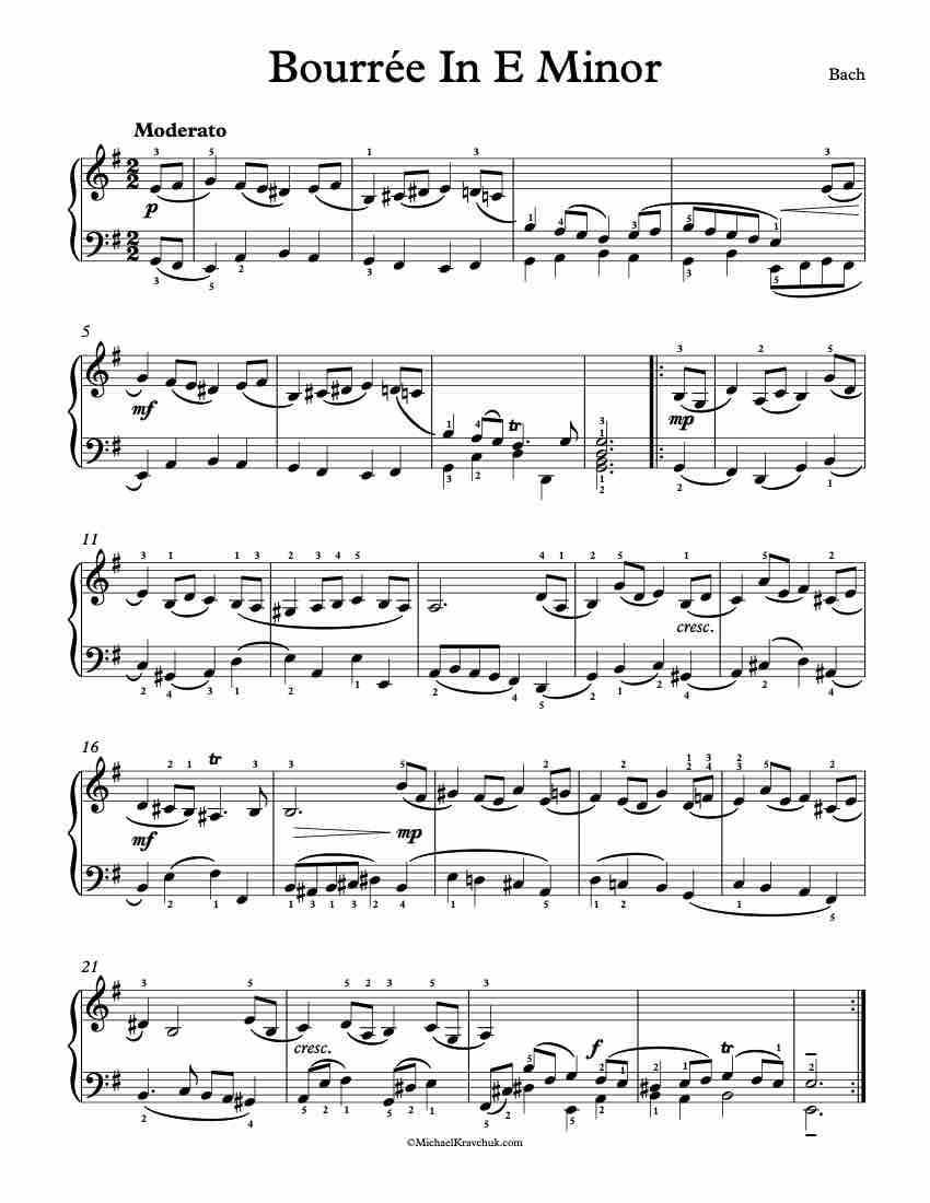 Free Piano Sheet Music - Bourree In E Minor - Bach