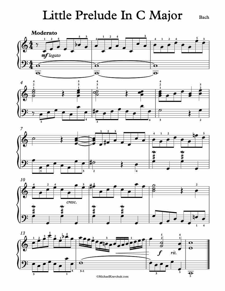 Free Piano Sheet Music - Little Prelude In C Major BWV 939 - Bach