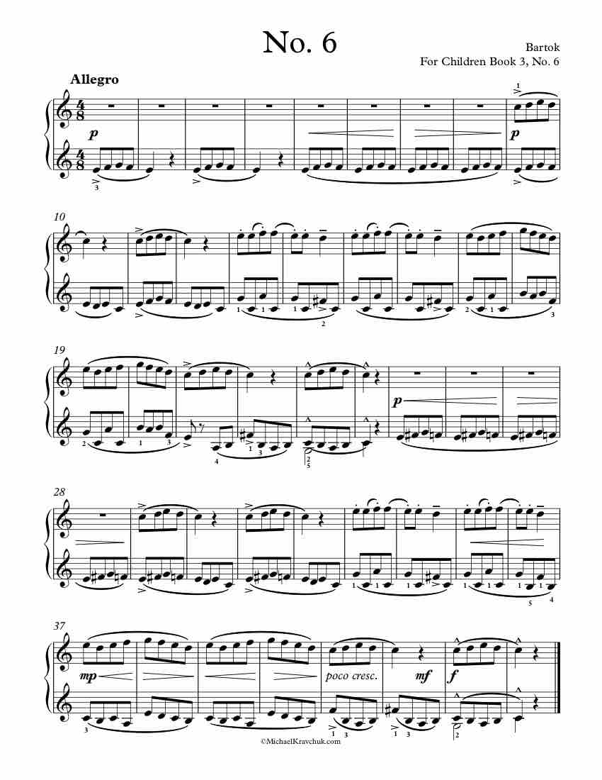 Free Piano Sheet Music - For Children - Book 3, No.6 - Bartok