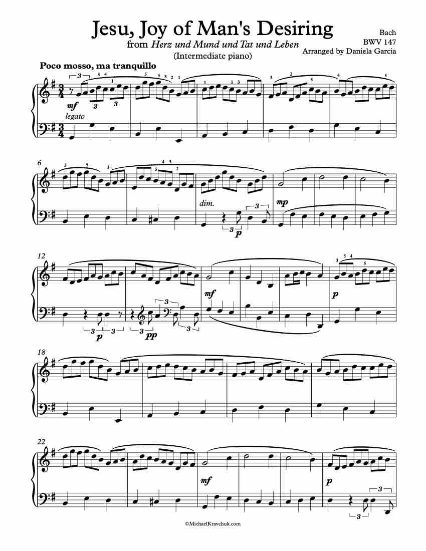 Free Piano Arrangement of Jesu, Joy of Man's Desiring