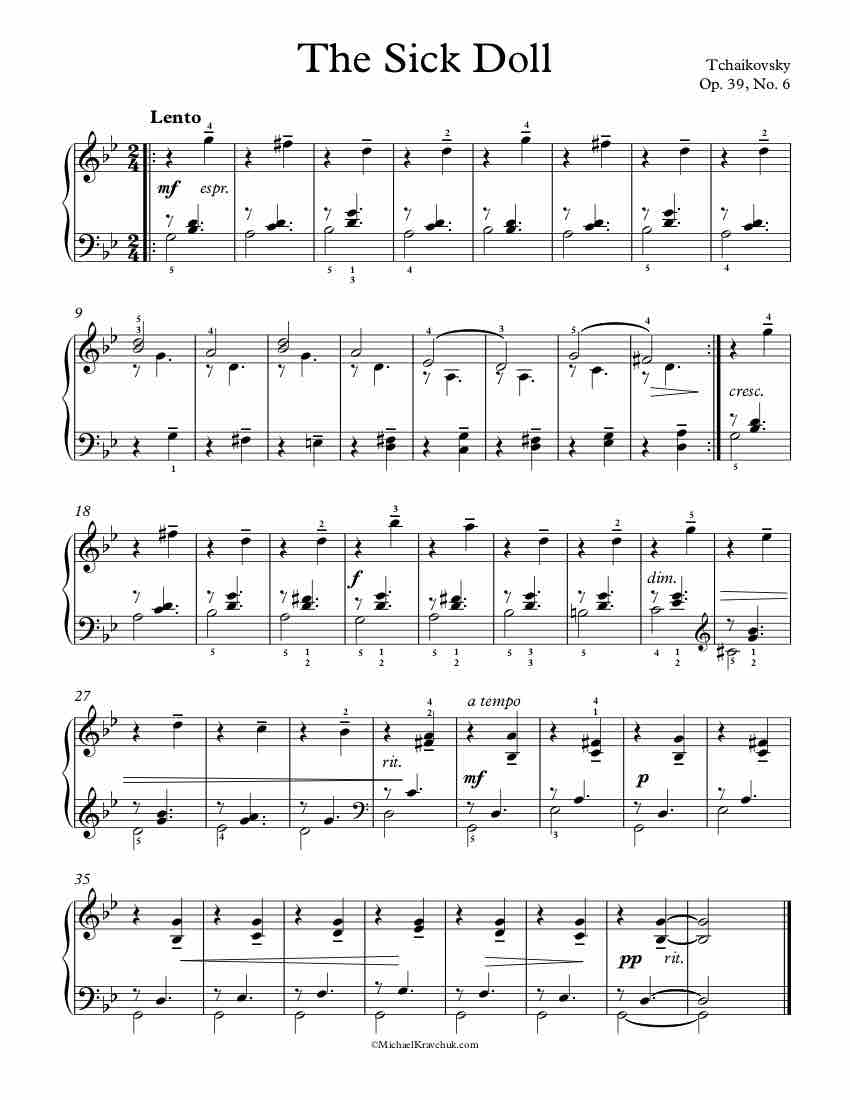 Free Piano Sheet Music - The Sick Doll Op. 39, No. 6 - Tchaikovsky