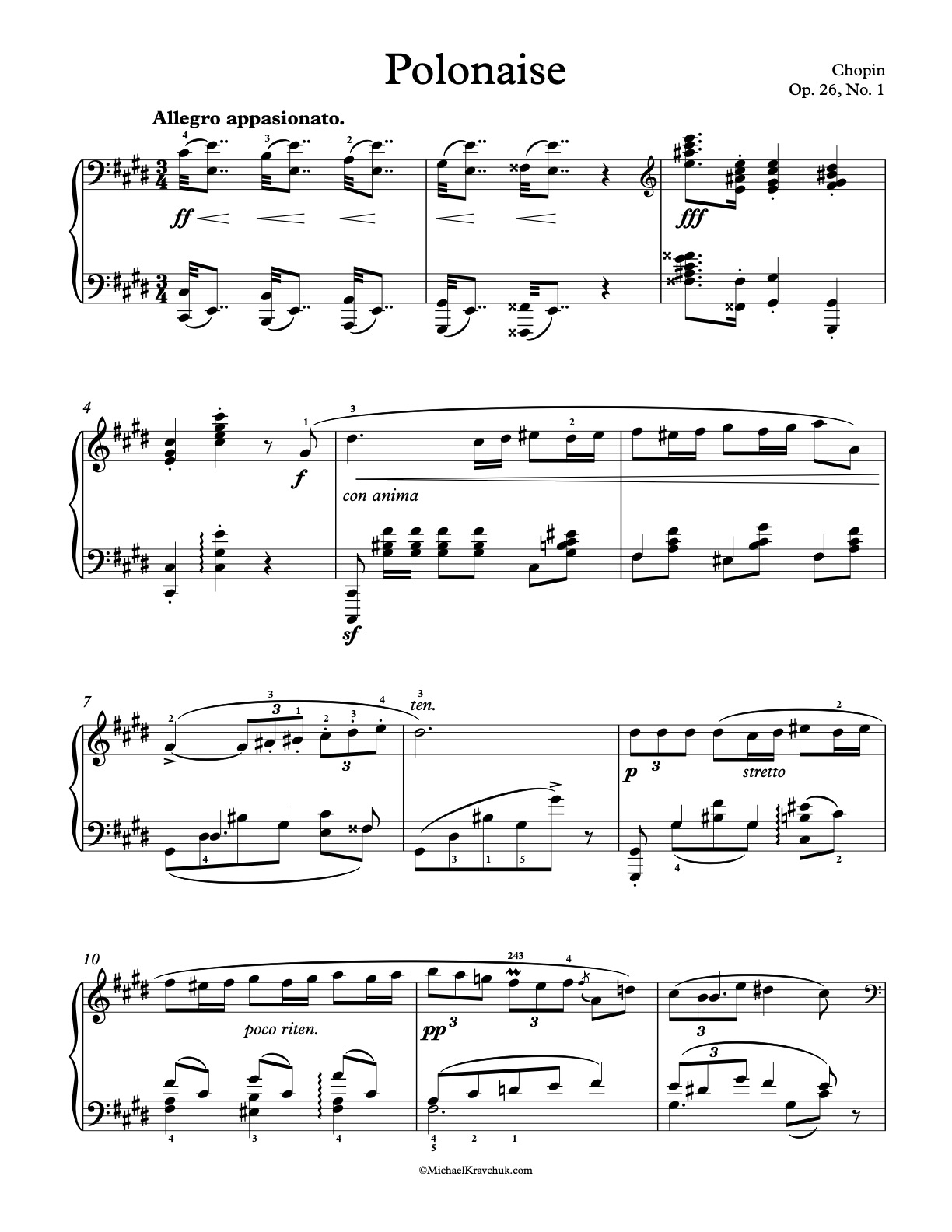 Free Piano Sheet Music - Polonaise In C# Minor - Op. 26, No. 1 - Chopin