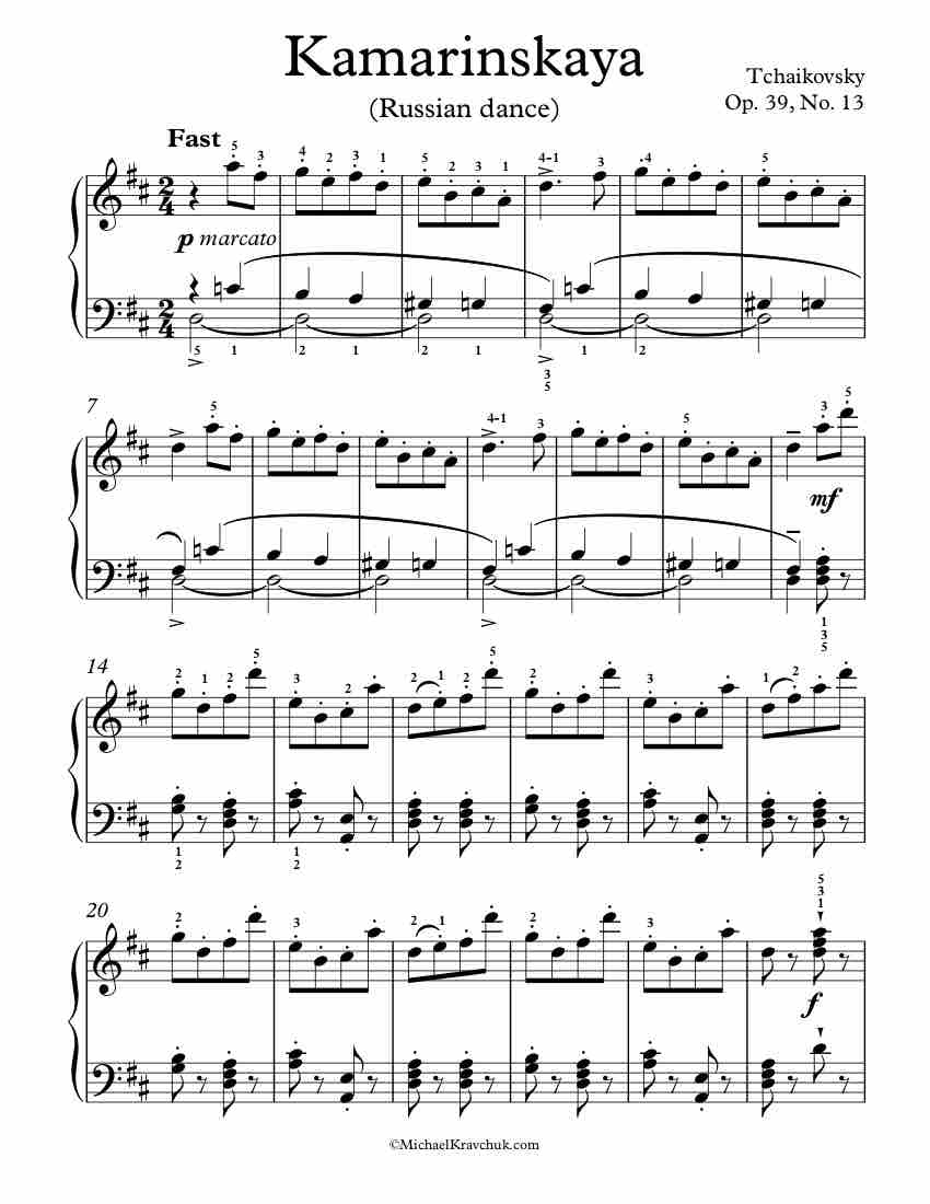Free Piano Sheet Music - Kamarinskaya Op. 39, No. 13 - Tchaikovsky