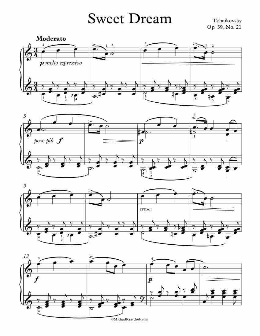 Free Piano Sheet Music - Sweet Dreams Op. 39, No. 21 - Tchaikovsky