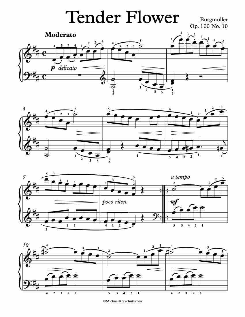 Free Piano Sheet Music - Tender Blossom Op. 100 No. 10 - Burgmuller