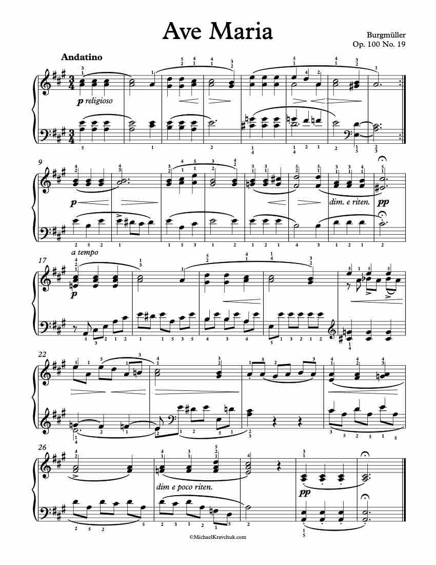 Free Piano Sheet Music – Ave Maria Op. 100, No. 19 – Burgmuller