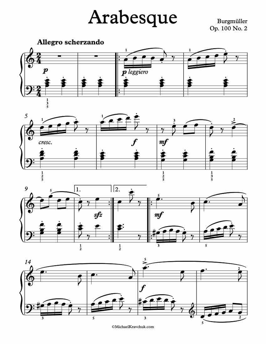 Free Piano Sheet Music - Arabesque, Op. 100 No. 2 - by Burgmüller