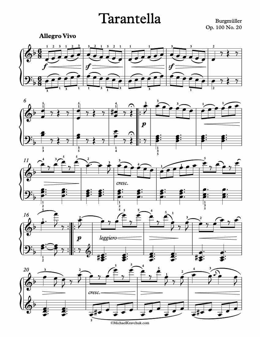Free Piano Sheet Music - Tarantella Op. 100 No. 20 - Burgmuller