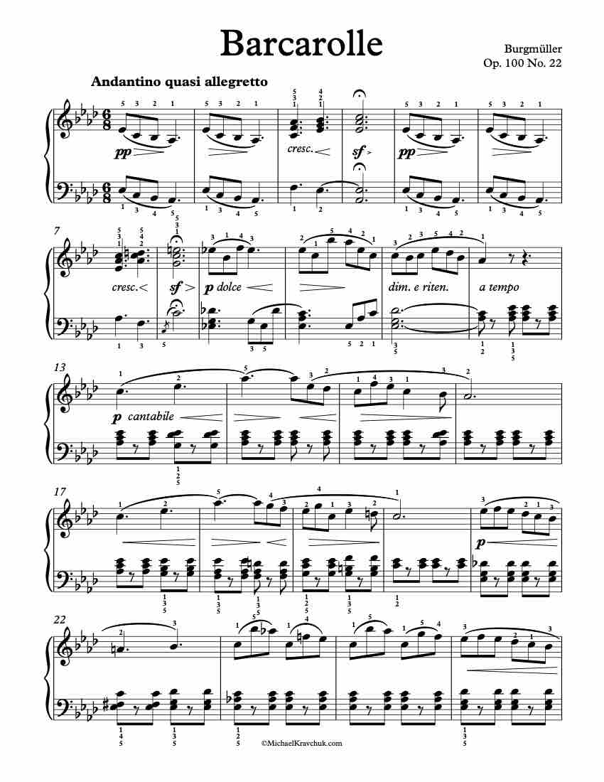Free Piano Sheet Music - Barcarolle Op. 100, No. 22 - Burgmuller