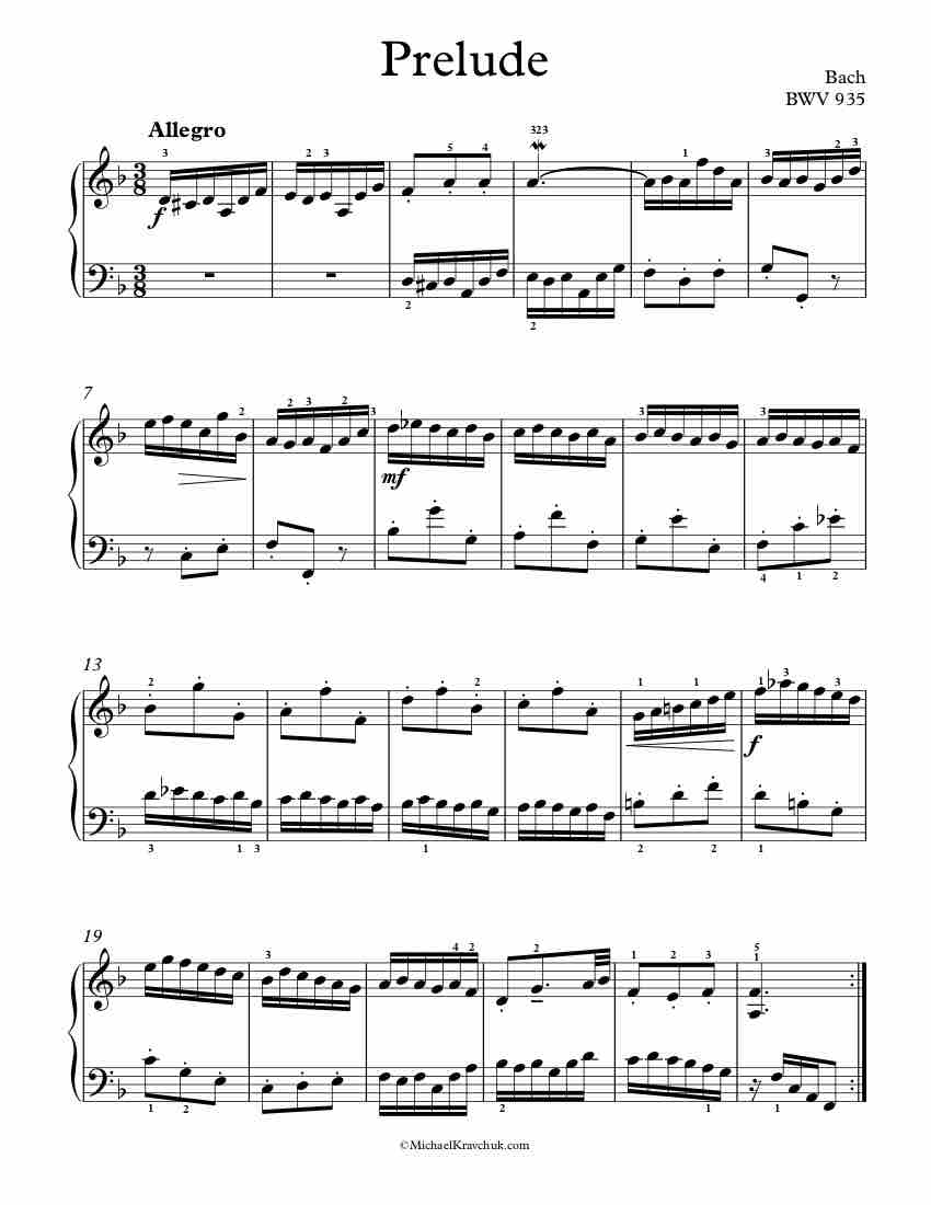 Free Piano Sheet Music - Prelude BWV 935 - Bach
