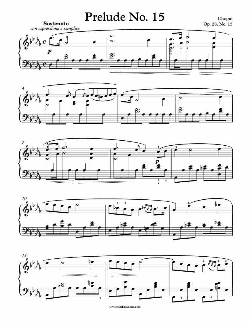 Free Piano Sheet Music - Prelude Op 28 No. 15 - Chopin