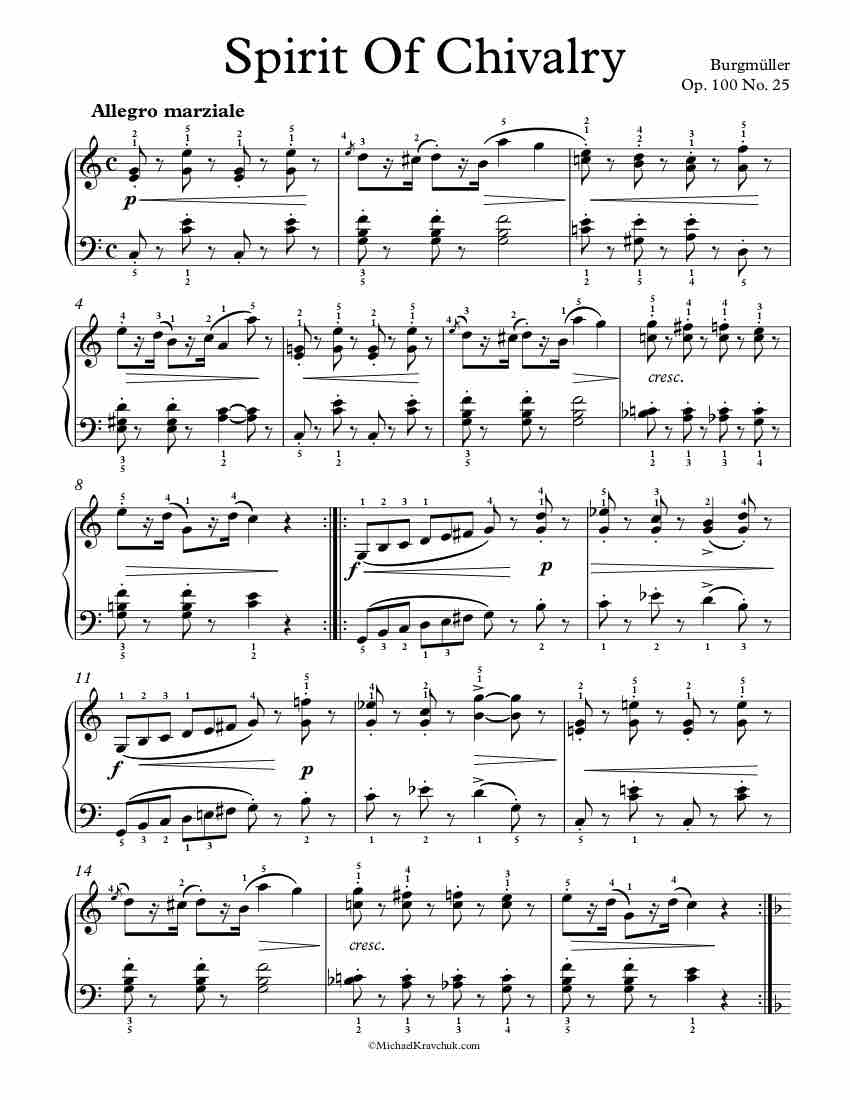 Free Piano Sheet Music – Spirit Of Chivalry Op. 100 No. 25 – Burgmuller