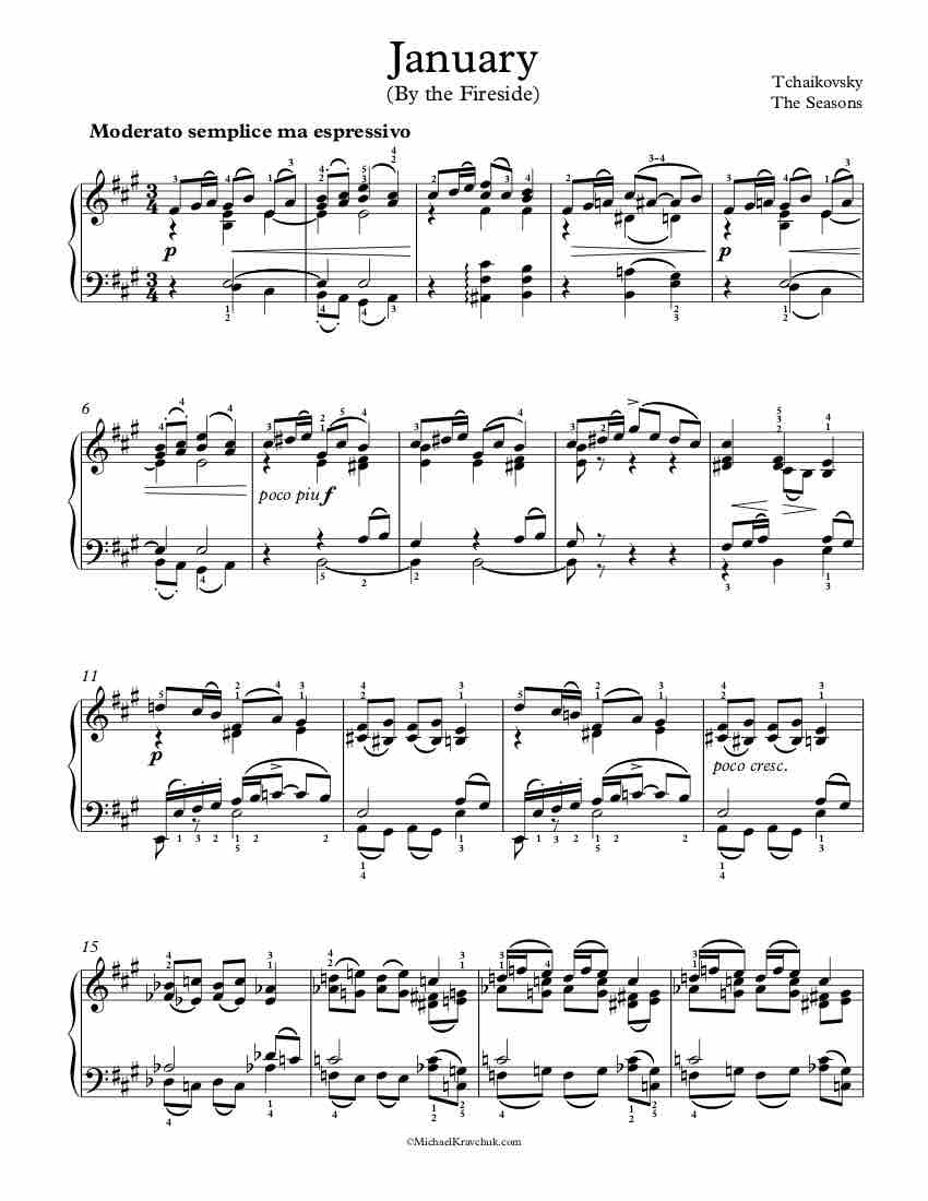 Free Piano Sheet Music - The Seasons - January (By The Fireside) - Tchaikovsky
