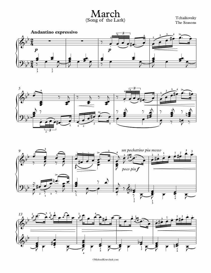 Free Piano Sheet Music – The Seasons – March (Song Of The Lark) – Tchaikovsky