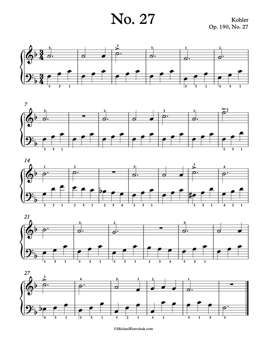 Free Piano Sheet Music – Op. 190, No. 27 – Kohler