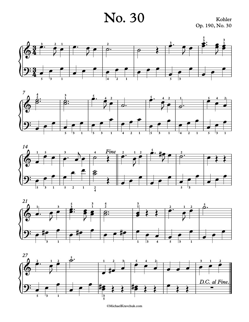 Free Piano Sheet Music – Op. 190, No. 30 – Kohler