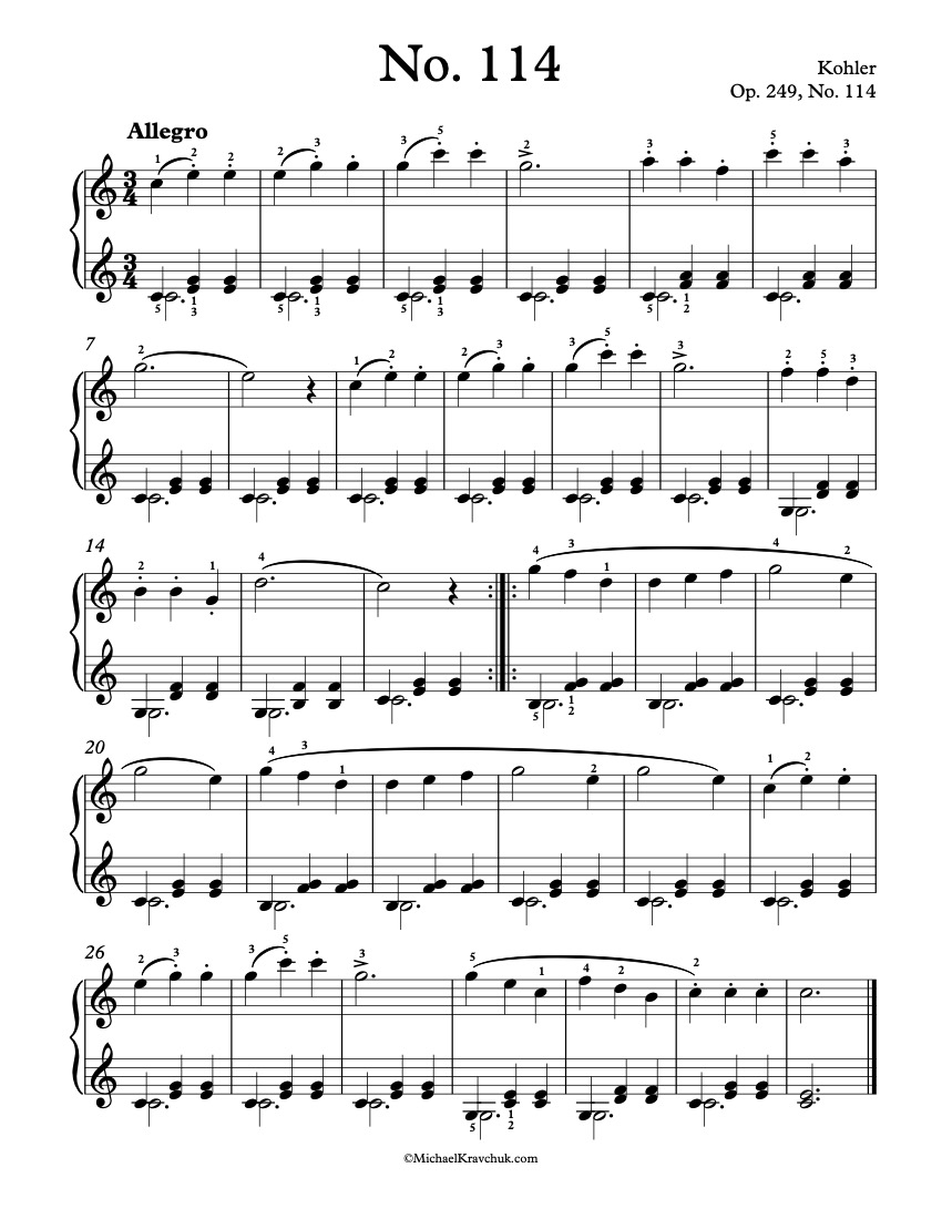 Free Piano Sheet Music - Op. 249, No. 114 - Kohler