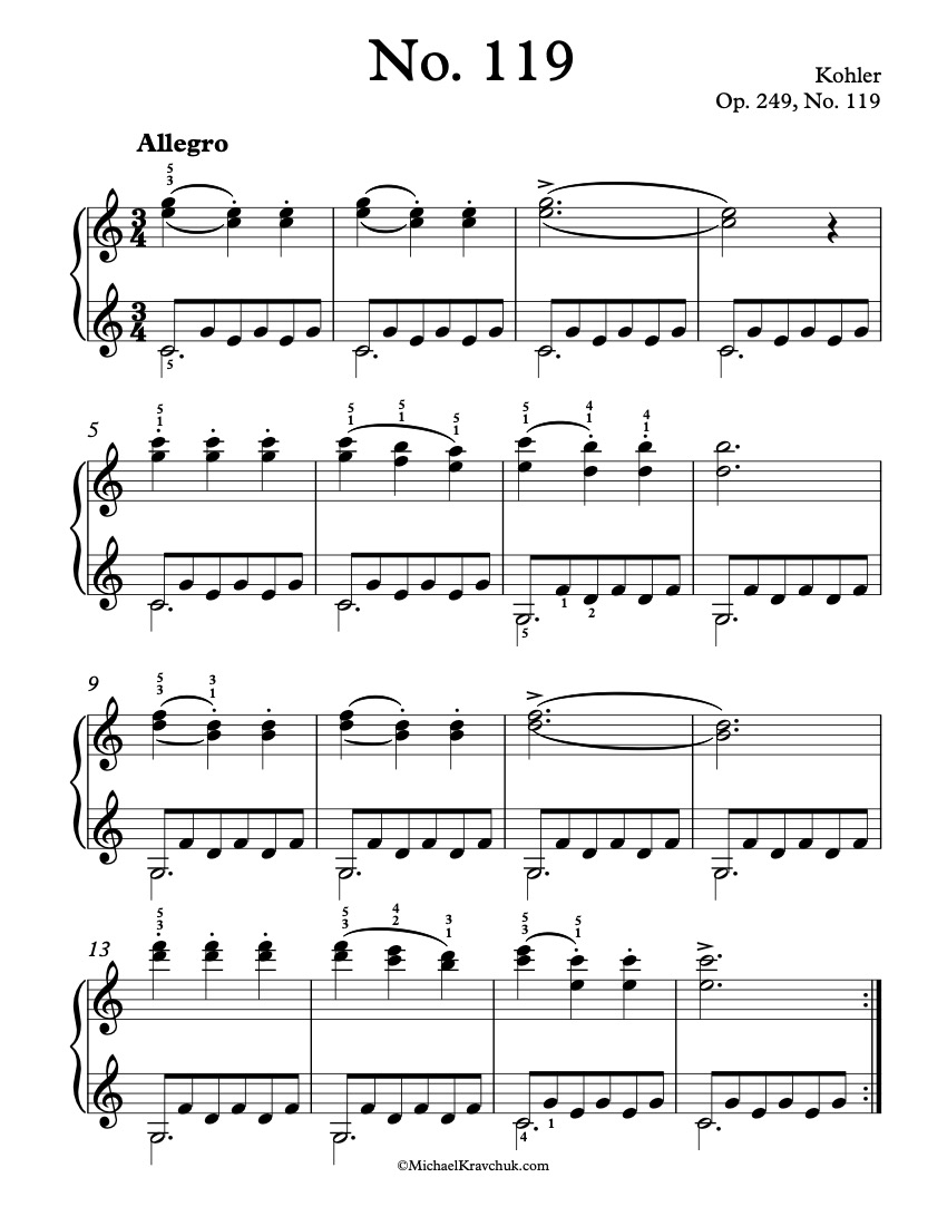 Free Piano Sheet Music - Op. 249, No. 119 - Kohler