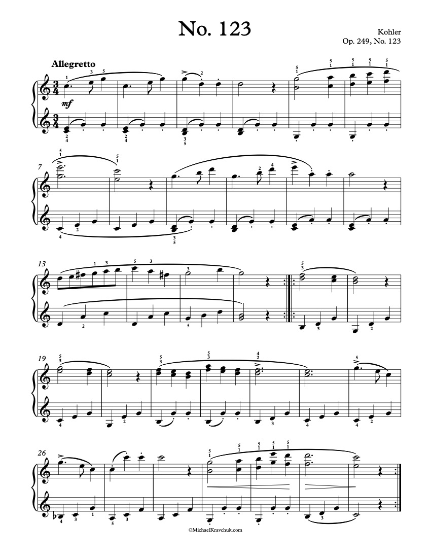 Free Piano Sheet Music - Op. 249, No. 123 - Kohler