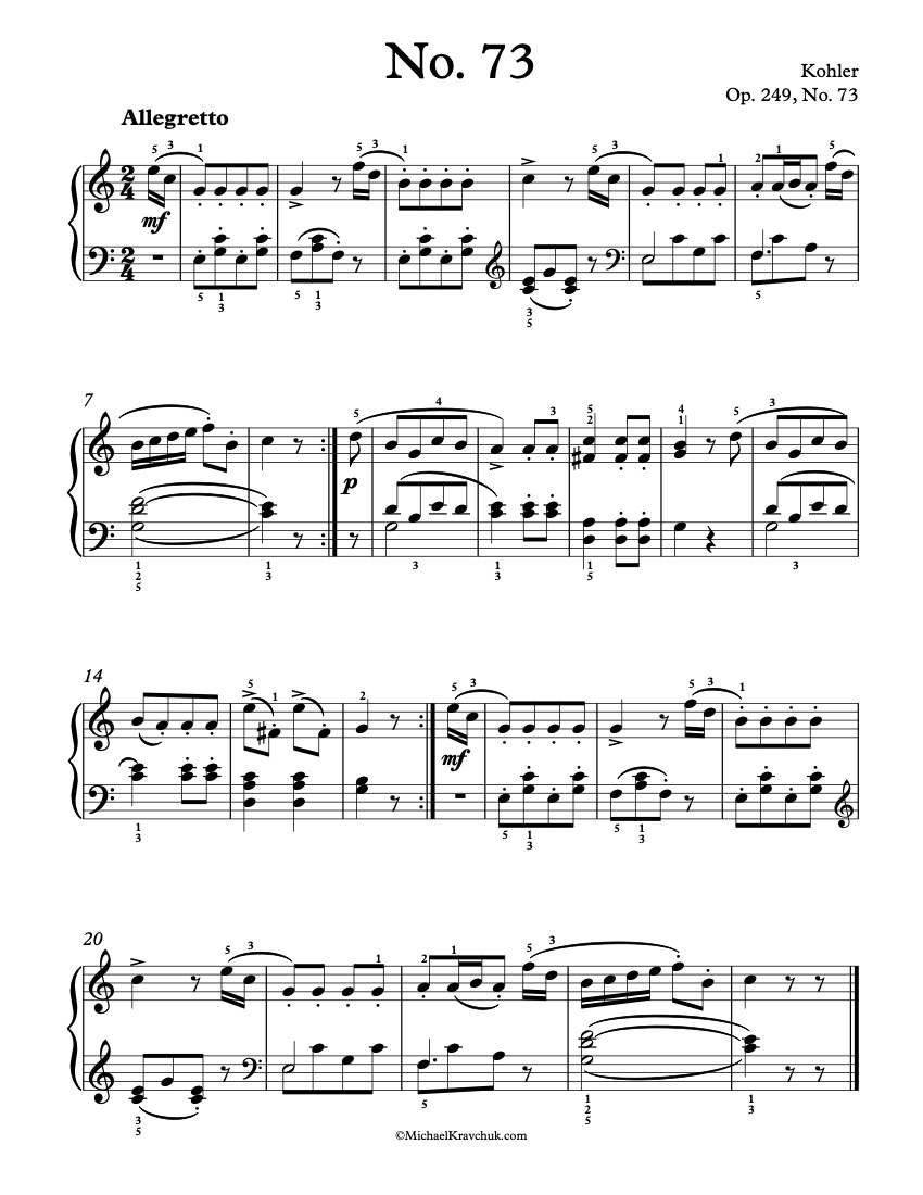 Free Piano Sheet Music - Op. 249, No. 73 - Kohler