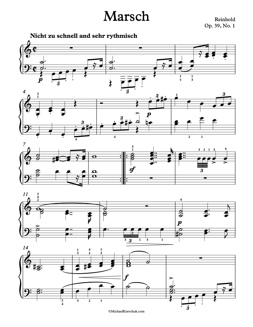 Free Piano Sheet Music - Op. 39, No. 1 - Reinhold 