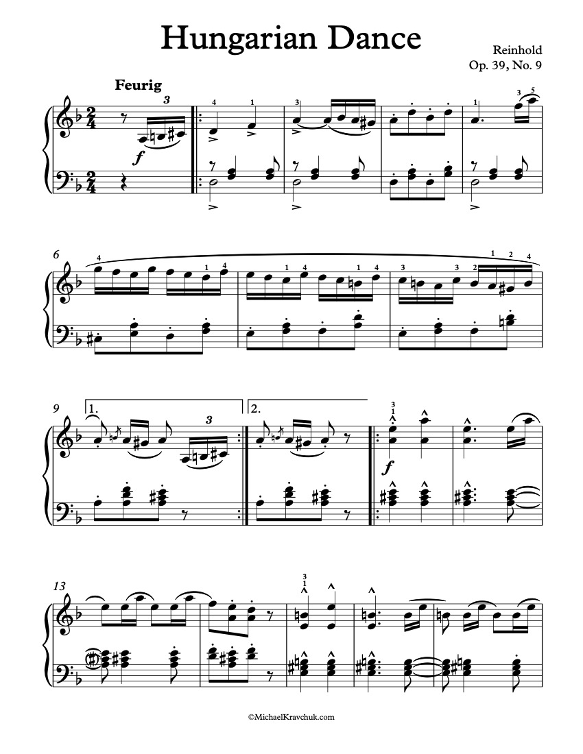 Free Piano Sheet Music - Op. 39, No. 9 - Reinhold