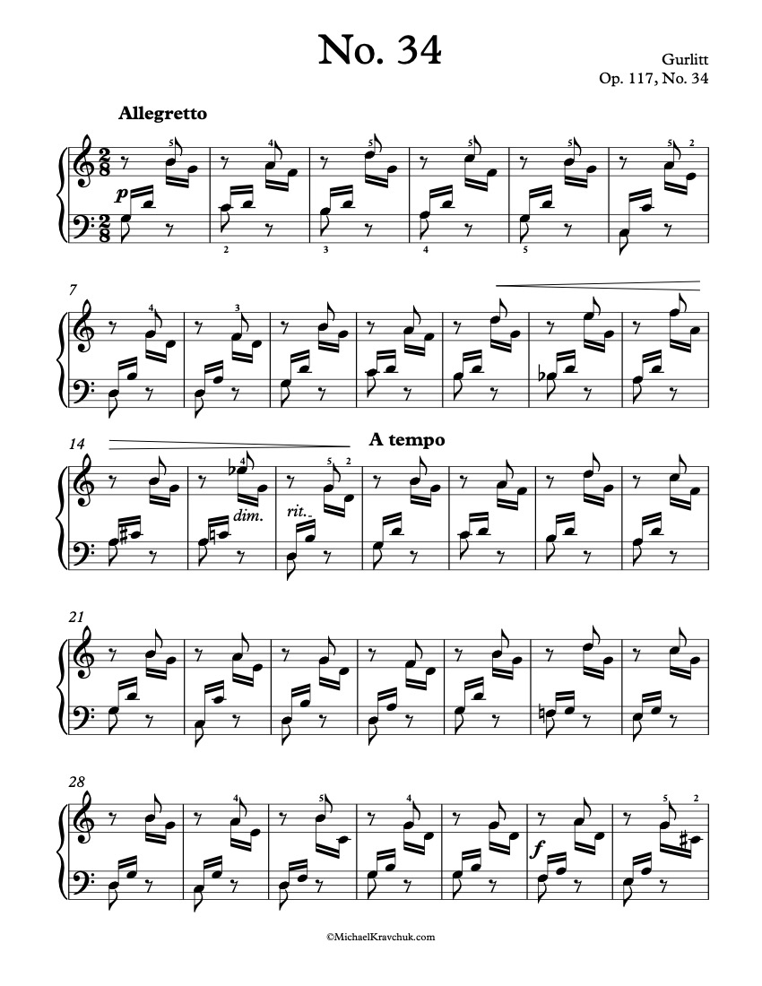 First Lessons - Op. 117, No. 34 - Gurlitt Piano Sheet Music